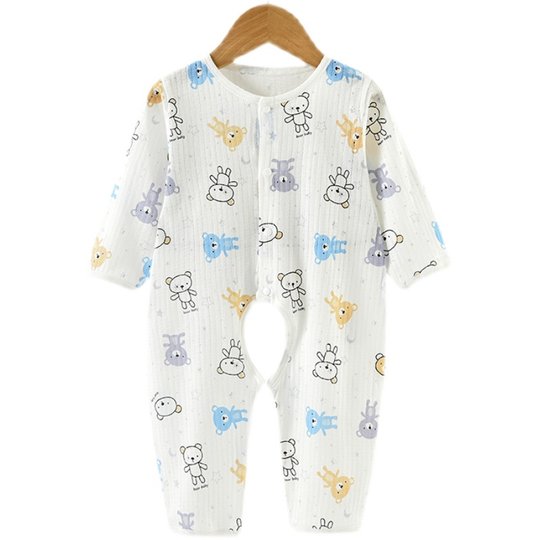 纯棉婴儿夏装宝宝薄款长袖空调服连体衣新生儿睡衣开裆哈衣爬服