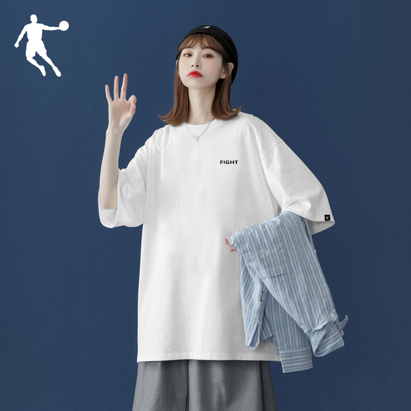 中国乔丹短袖t恤女夏季新款宽松透气圆领上衣粉色百搭半袖T恤大码