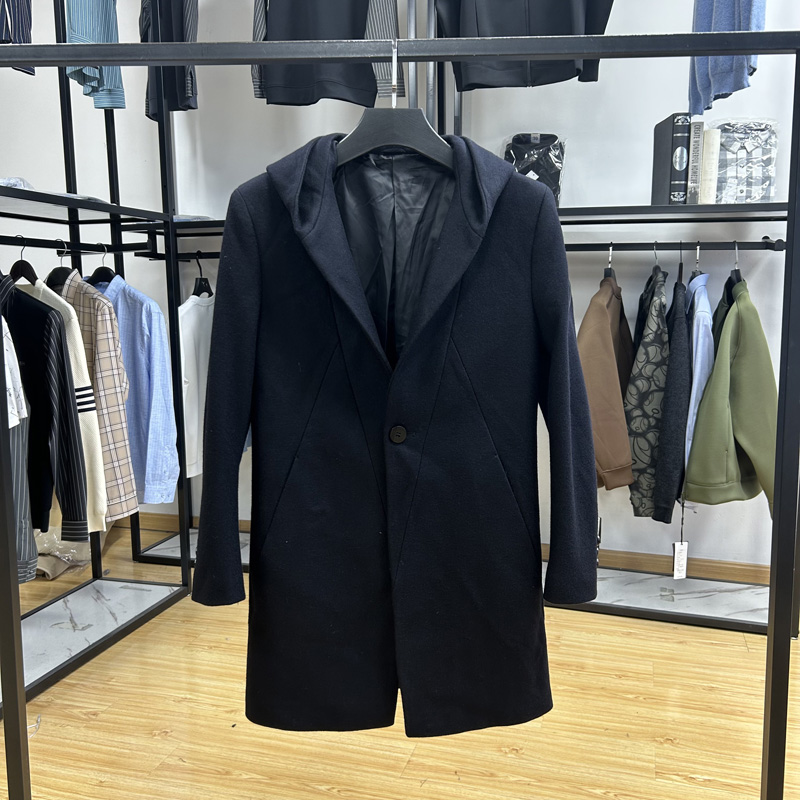 含羊毛料商务休闲连帽中长款毛呢大衣秋冬纯色保暖呢外套 - 图0