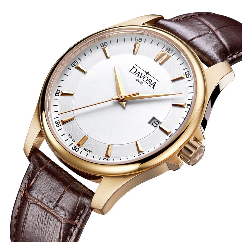 瑞士手表迪沃斯DAVOSA 金色防水腕表 16246715 男士皮带石英手表