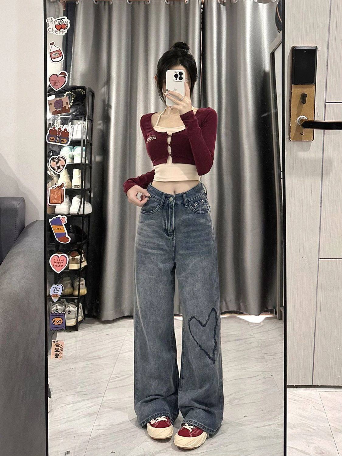 夏季中大童新款美式高街牛仔裤爱心印花设计感高腰学生直筒拖地裤,淘宝优惠券,粉丝福利购,淘宝优惠卷