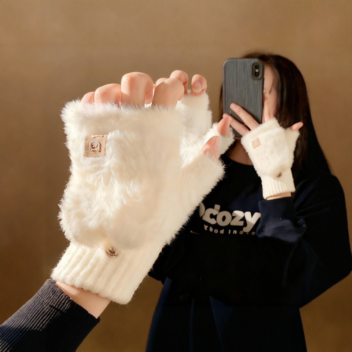 加绒加厚毛绒针织半指翻盖手套女冬季保暖骑行露指可触屏学生写字,淘宝优惠券,粉丝福利购,淘宝优惠卷