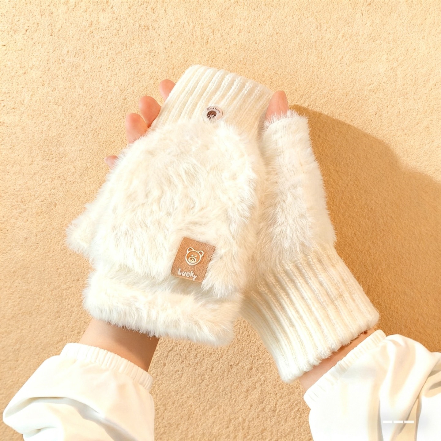 加绒加厚毛绒针织半指翻盖手套女冬季保暖骑行露指可触屏学生写字,淘宝优惠券,粉丝福利购,淘宝优惠卷