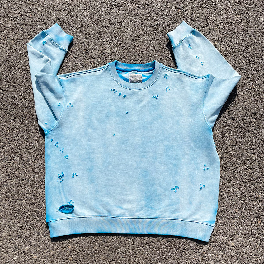 清仓款!450克重磅水洗渐变色情侣破坏破洞套头卫衣情侣宽松上衣 - 图1