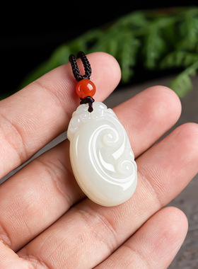 天然老料正品和田白玉如意吊坠