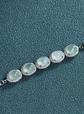 高档银镶嵌天然翡翠冰种玉石手链