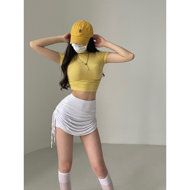 ຄວາມປາຖະໜາອັນບໍລິສຸດ Sexy ຄໍສູງ ກ້ານສັ້ນ ເປີດເຜີຍເສື້ອທີເຊີດແຂນສັ້ນ
