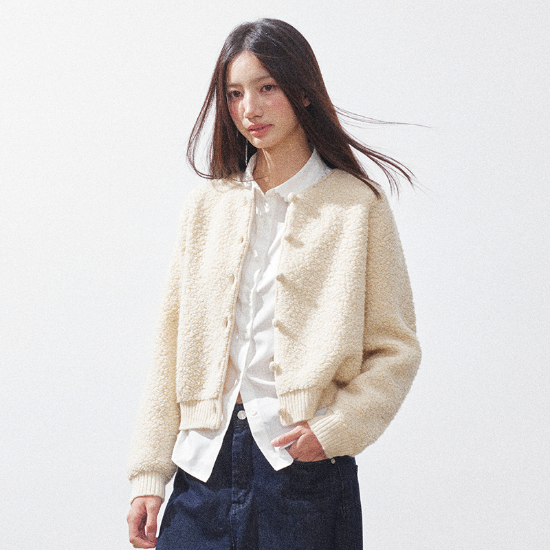 RPB BRAND纯羊毛简约修身短款羊羔毛外套女保暖羊羔绒棒球服夹克 - 图0