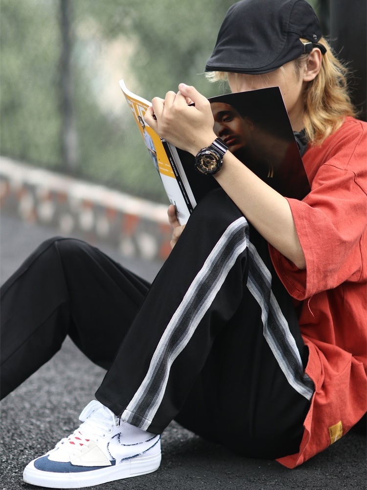 RPB 黑白侧边织带拉链运动条纹撞色长裤男女宽松直筒垂坠感 BRAND RPB 黑白侧边织带拉链运动条纹撞色长裤男女宽松直筒垂坠感 BRAND