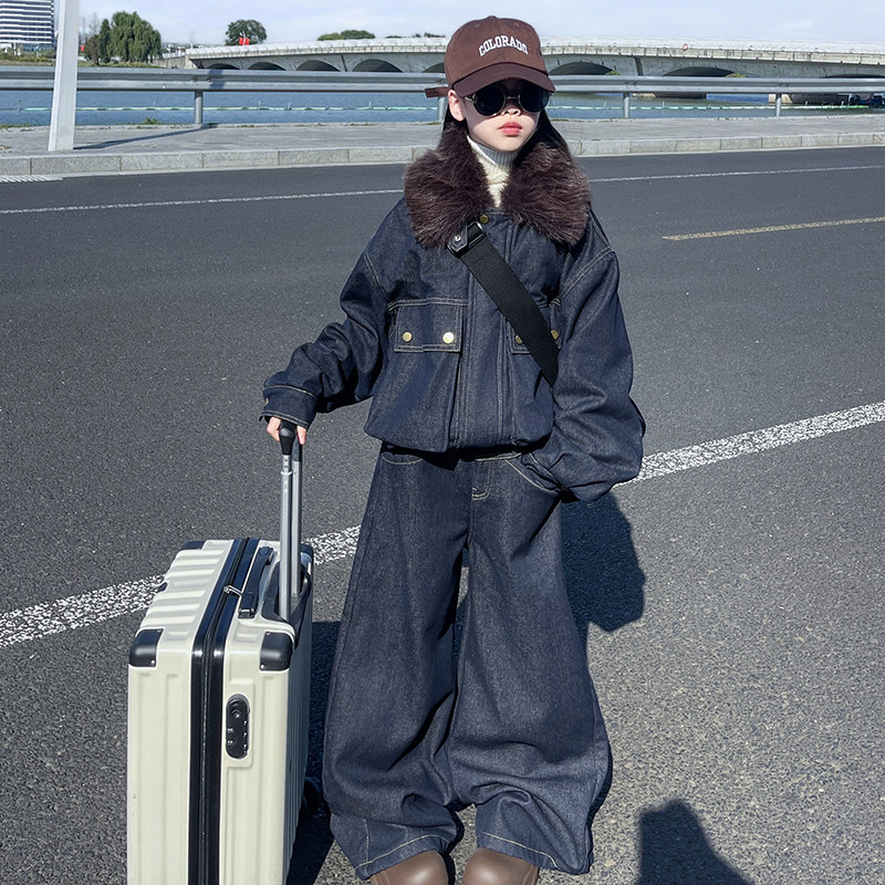 韩版女童小香风夹棉短外套套装洋气2025新款冬季儿童牛仔裤两件套,淘宝优惠券,粉丝福利购,淘宝优惠卷