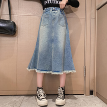 Girl Denim Half Body Dress 2023 Spring Autumn New CUHK Child Fashion 100 Hitch Skirt Children Mid-length Fish Tail Dress