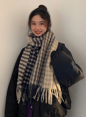 黑色千鸟格厚围巾女冬季百搭学生