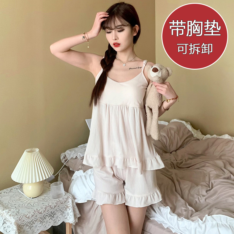 2024年夏季短款带胸垫睡衣女生新款甜美吊带夏天季家居服两件套装-图2