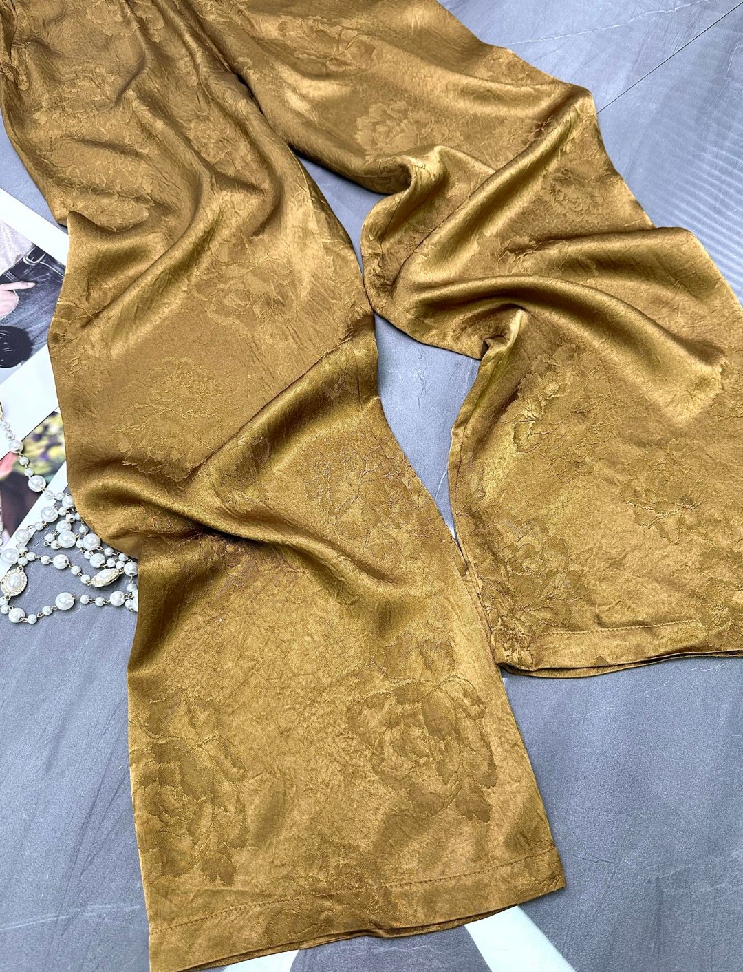 新中式国风凉感醋酸提花休闲阔腿裤女夏款松紧腰垂感显瘦直筒夏季 - 图2
