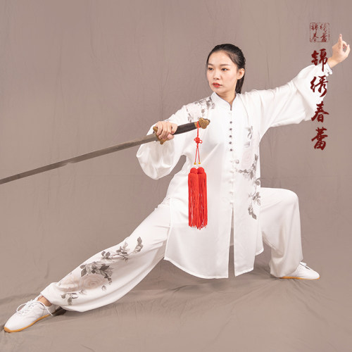 马蕾太极服新款彩绘墨牡丹三件套太极服武术表演服练功服男女夏秋 - 图1