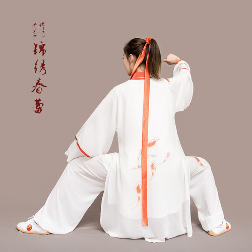 马蕾太极服春夏季彩绘太极服武术表演气功服彩绘鱼行淡泊长款定制 - 图1