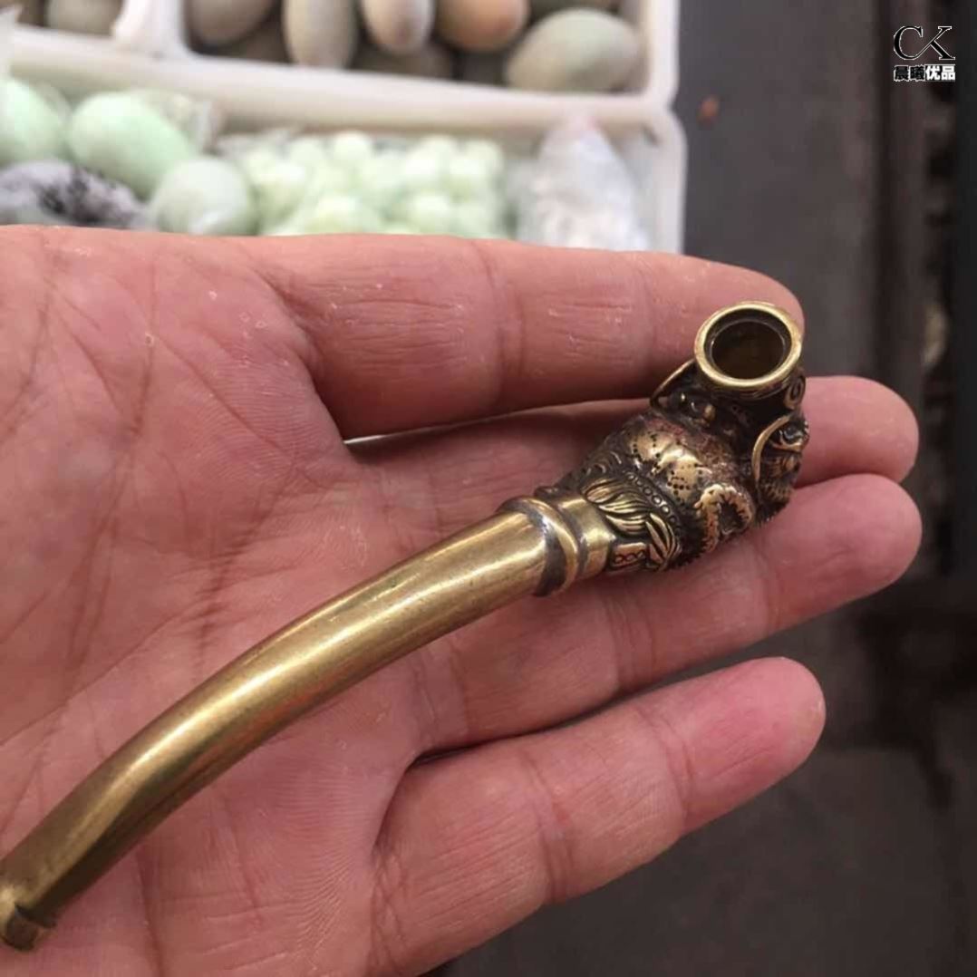 烟锅纯铜仿古老黄铜龙凤烟嘴烟袋烟具可以使用铜器浮雕貔貅铜烟管_虎窝淘