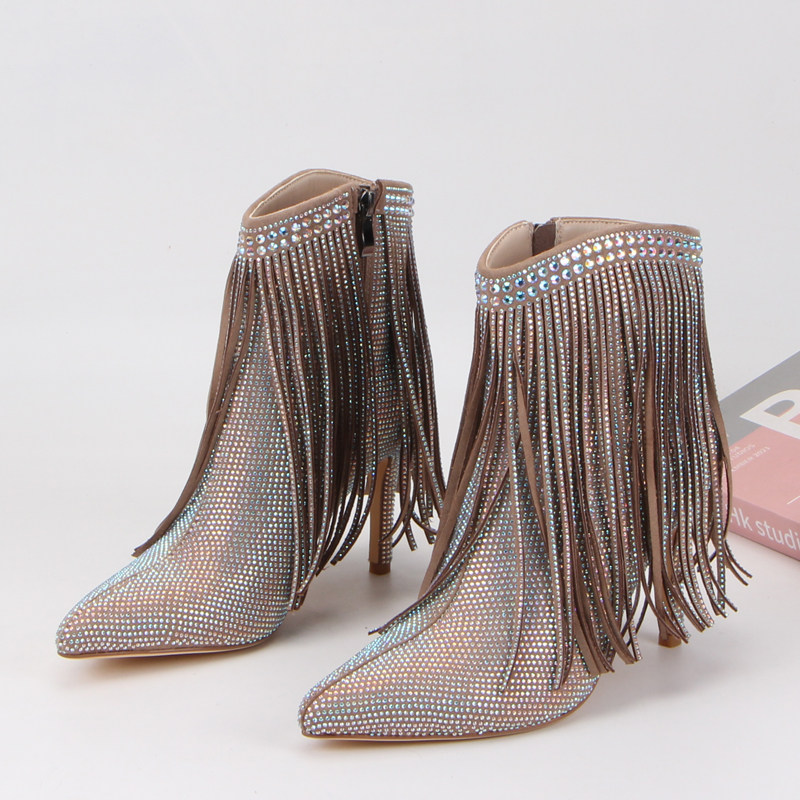 出口欧美女靴~满钻尖头侧拉链细跟流苏短靴性感魅力高端时装靴潮,淘宝优惠券,粉丝福利购,淘宝优惠卷
