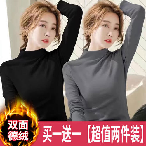 双面磨毛德绒长袖黑色t恤女秋冬保暖衣修身半高领内搭秋衣打底衫 - 图2
