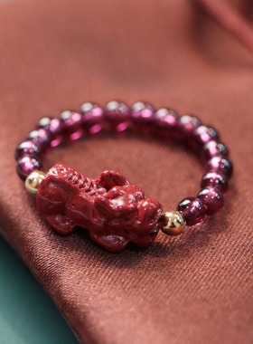 新款朱砂貔貅戒指简约复古设计天然紫牙乌石榴石串珠弹力戒指指环