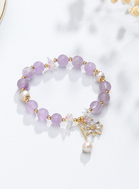 【淡香疏影】天然水晶手链女手串薰衣草紫水晶手环锆石花朵手链