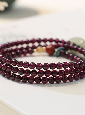 天然三圈石榴石手链女简约复古青玉平安扣紫牙乌手链现货