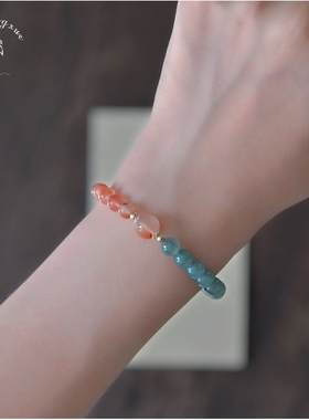 天然原矿蓝水翡翠搭配南红手链国风保山樱桃红冰飘双拼手串新中式