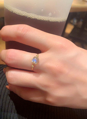 灰蓝月光石戒指原创轻奢手工14K包金线圆珠指环女款