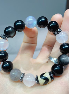 申公豹配色天然黑曜石手串女款饰品小众蓝色水晶手链