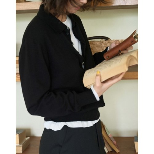 法式短款polo领黑色针织开衫女秋冬季宽松显瘦翻领衬衣领毛衣外套 - 图0