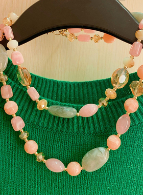 高档粉色水晶甜美风多层毛衣链