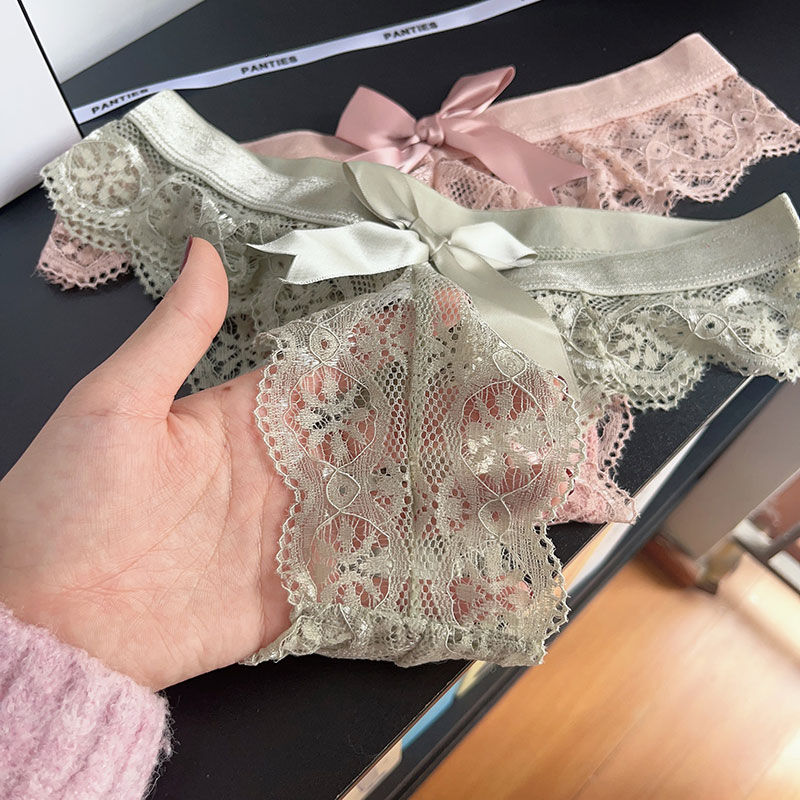 PANTIES 蕾丝性感低腰丁字裤女少女无痕禁欲私房蝴蝶结女士三角裤 - 图0