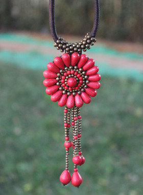 断码松石花朵流苏编织绳毛衣链