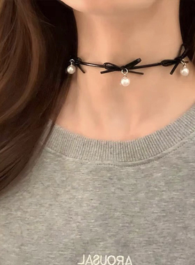 韩系皮质蝴蝶结珍珠吊坠项链choker个性气质百搭吊坠锁骨链颈链女