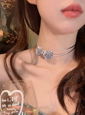 夜幕舞曲~银色玫瑰花锁骨链甜酷双层辣妹项链女轻奢小众感颈链潮