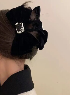 黑色kitty丝绒蝴蝶结抓夹复古法式双面KT猫咪盘发鲨鱼夹大号发夹