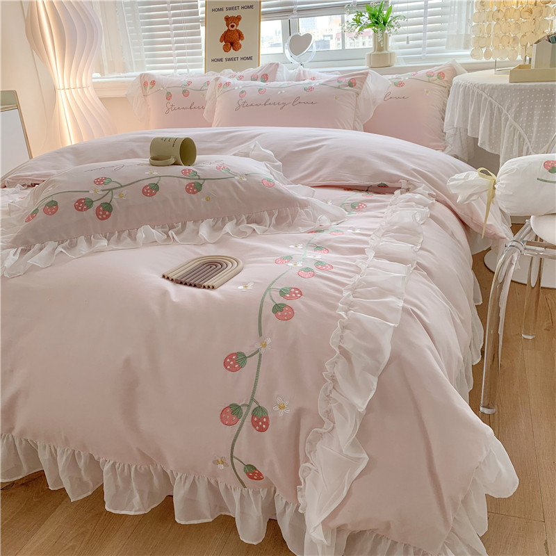 公主风韩版全棉磨毛四件套纯棉粉色少女刺绣草莓蕾丝被套床上用品