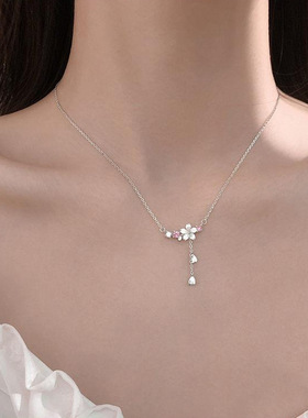 S925纯银项链女甜美清新温柔气质潮流森系花朵锁骨链情人节礼物