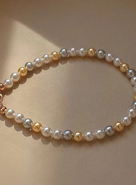 混彩施家baby珍珠手链女s925纯银正圆强光轻奢小众精致糖果色手串