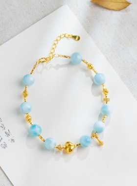 石秀堂天然海纹石爱心s925银镀金手链手串气质正品饰品【带证书】