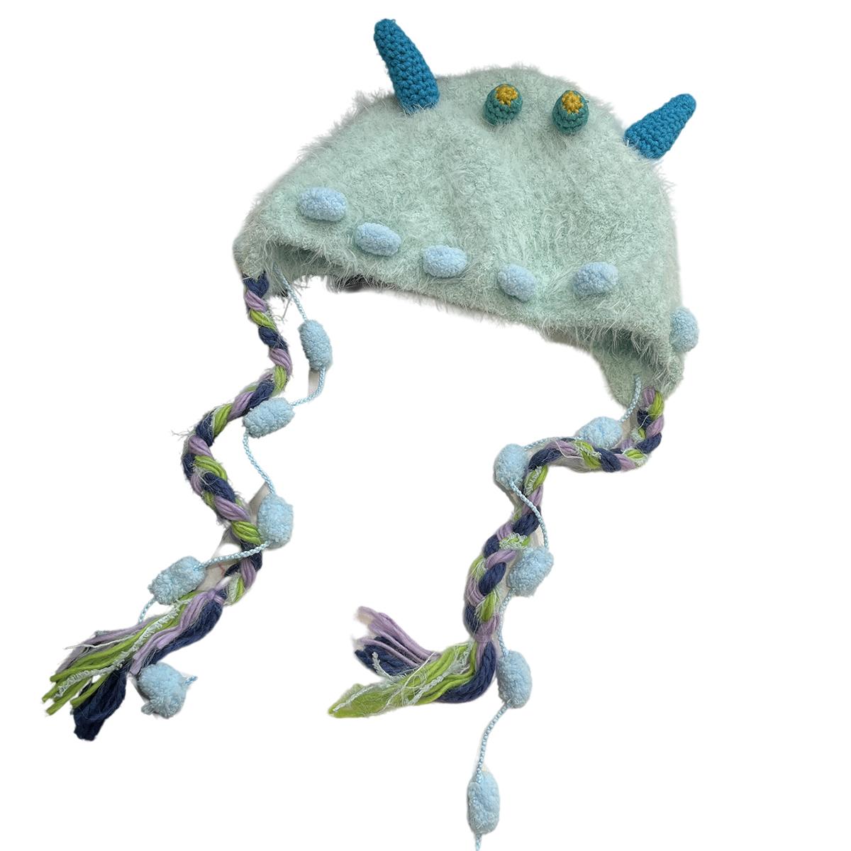 2025新款糖果小怪兽手工针织帽子女秋冬季可爱搞怪保暖护耳毛线帽 - 图3