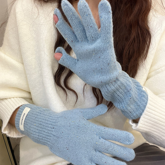 100%羊毛韩版新款彩色点点手套女冬季学生可爱纯色露指可触屏保暖