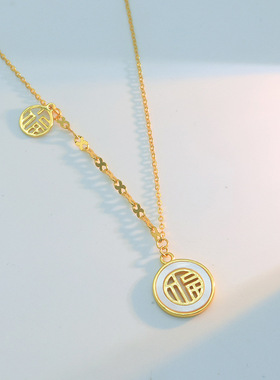 跨境爆品925纯银双福临门幸运项链轻奢小众福牌吊坠女时尚拼接链