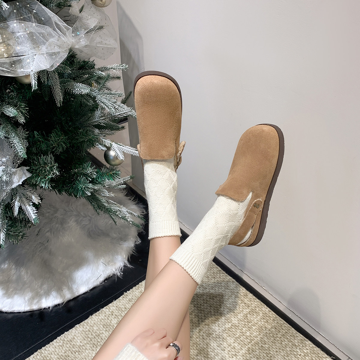 戈美其包头半拖鞋女外穿2024春季新款真皮一脚蹬磨砂加绒毛毛鞋子,淘宝优惠券,粉丝福利购,淘宝优惠卷