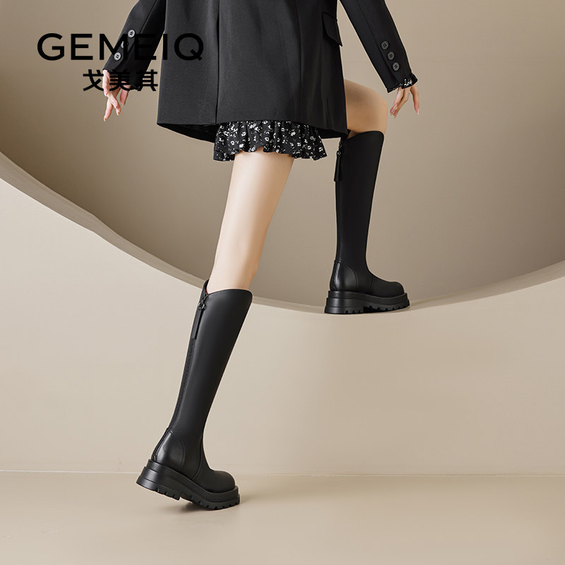 戈美其厚底长筒靴女舒适年春秋新款增高复古高筒V口不过膝骑士靴,淘宝优惠券,粉丝福利购,淘宝优惠卷