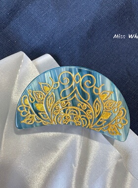 新中式复古描金花纹醋酸半圆抓夹优雅气质中号鲨鱼夹盘发夹子头饰