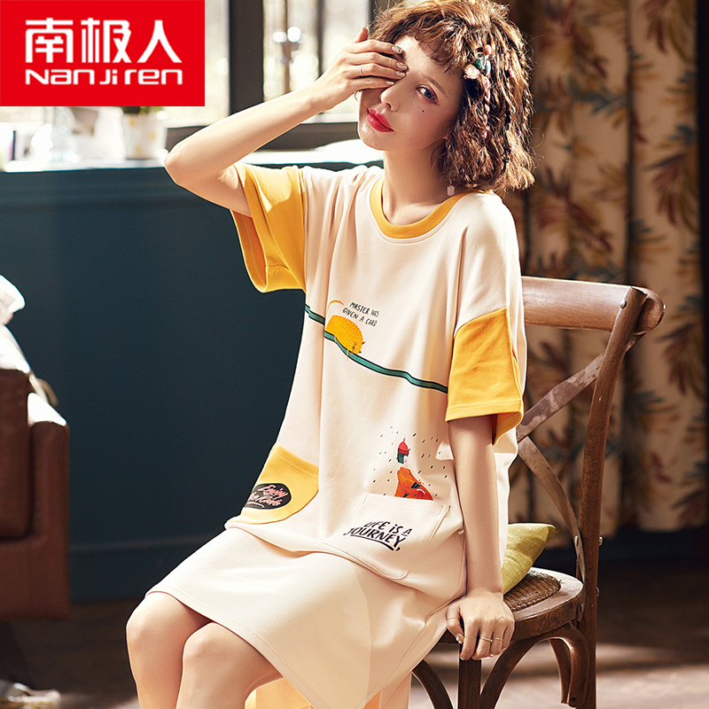 南极人睡裙女夏季纯棉短袖韩版学生甜美可爱清新宽松大码薄款睡衣 - 图0