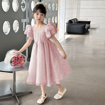 Girls Puff Sleeve Dress Summer 2024 New Style Children's Mesh Princess Dress ສາວນ້ອຍສະແດງເຕັ້ນ