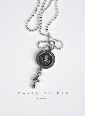 david纯银925纯银十字架吊坠项链 骷髅元素做旧情侣女款项链