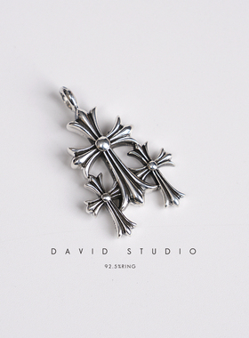 纯银重叠十字架情侣做旧项链吊坠